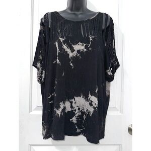 VOCAL Black & White Tie Dye Laser Cut Short sleeve top  w/ Rhinestones